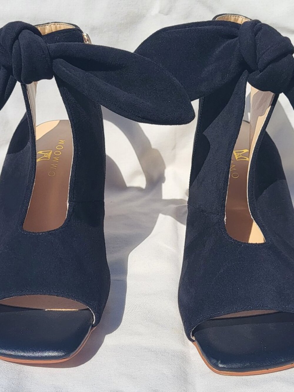 Moommo Heeled Sandals Women's 9 Black Suede Bow Zip Peep Toe Baddie Night Out